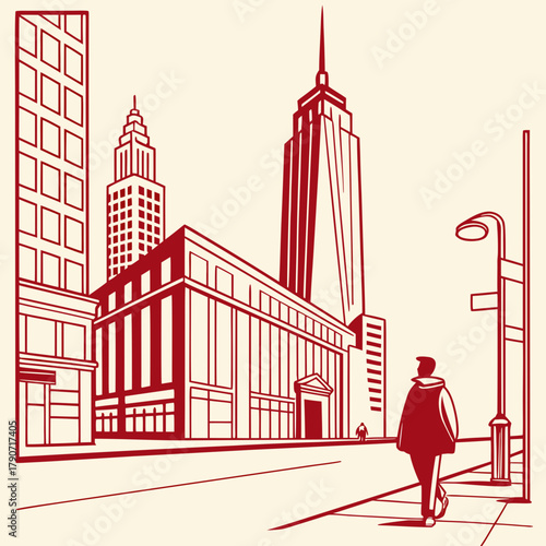 Stylized cityscape with a lone figure walking down the street