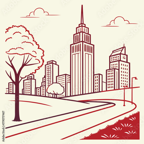Stylized cityscape with tall buildings and a winding road