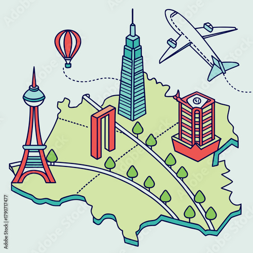 Stylized isometric map of city landmarks and travel elements