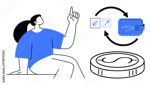 Woman gesturing with ideas, digital wallet, currency icons, coin, exchange arrows. Ideal for finance, digital payment, cryptocurrency e-commerce fintech blockchain innovation in money. A simple