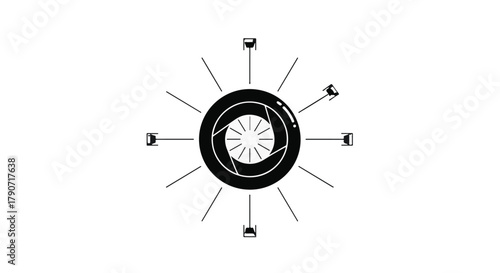 Abstract sunburst design with camera lens aperture and radiating lines