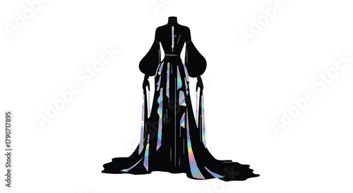 Elegant black gown with holographic iridescent accents and dramatic flowing sleeves, displayed on a mannequin