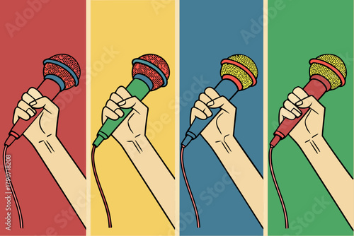Multiple hands with colorful microphones at a press conference or interview, lively design, emphasizing media interaction and engagement.