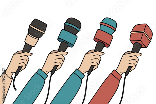 Many hands holding colorful microphones at a press conference or interview, dynamic design, lively and interactive media scene.