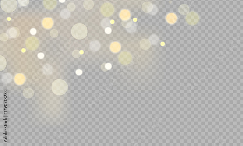 Golden dust light png.glowing bokeh confetti and sparkle overlay texture for your design. Stock royalty free vector illustration. PNG