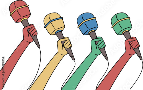 Multiple hands holding colorful microphones at a press conference, vibrant and dynamic design, conveying interactive media and interview environment.