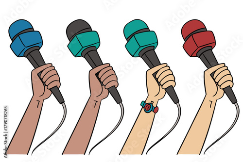 Hands holding colorful microphones, vibrant and dynamic, at a press conference or interview, conveying interactive media environment.
