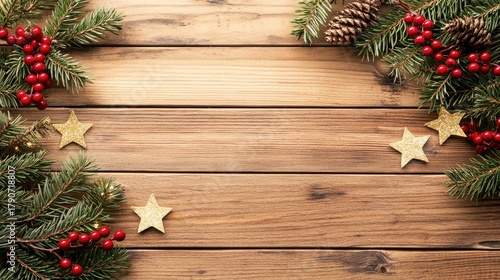 Colorful holiday ornaments and wooden stars are arranged on a wooden surface adorned with evergreen branches, creating a festive scene