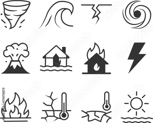 Minimalist icons set of various natural disasters and weather phenomena, isolated on a transparent background