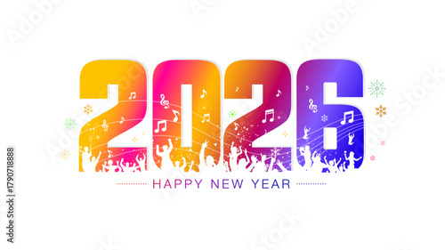 2026 Happy New Year poster design. Vibrant colors, fun, fireworks, music, party, and silhouettes of people cheering, celebrating New Year background.