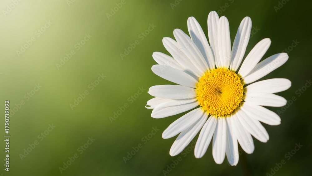 Obraz premium Daisy flower head blossoming in full sun, showing vibrant white petals and a bright yellow center against a soft green garden background with copy space