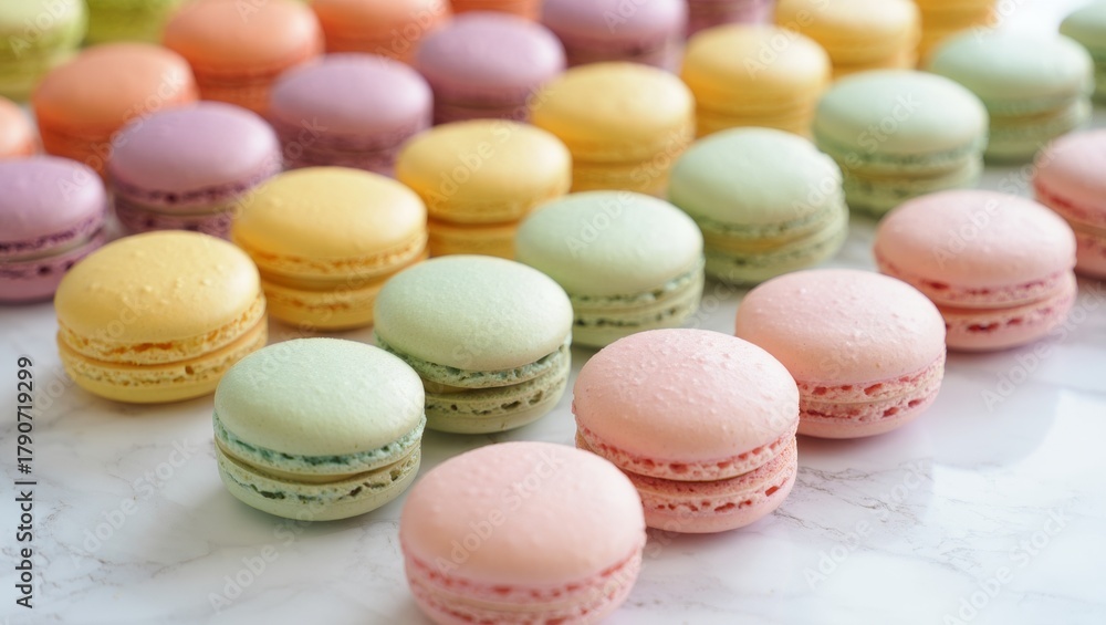 Fototapeta premium Rows of vibrant pastel macarons creating a tempting display of colorful french confectioneries, offering a delightful and sweet gourmet dessert experience with various flavors