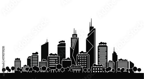 Modern cityscape silhouette with contemporary skyscrapers and lush trees