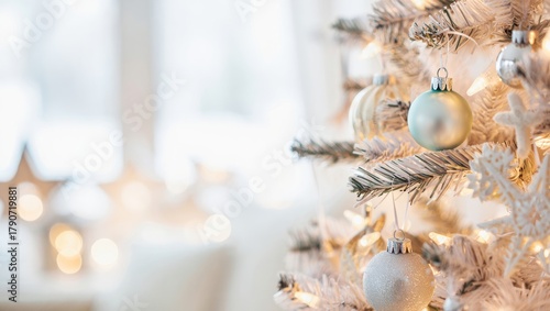 Christmas tree decorated with white, silver and soft teal ornaments, glittering snowflakes and warm string lights, creating a serene, modern and festive holiday scene