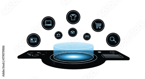 Digital interface with holographic icons representing online shopping and technology.
