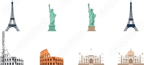 Iconic global landmarks depicted in a vibrant, stylized illustration collection