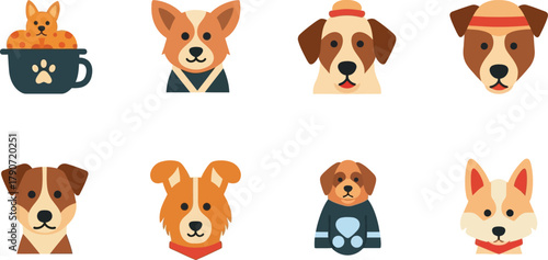 Collection of adorable dog faces with various expressions and accessories
