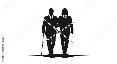 Two men in silhouette walking together, one with a cane, symbolizing support and companionship.