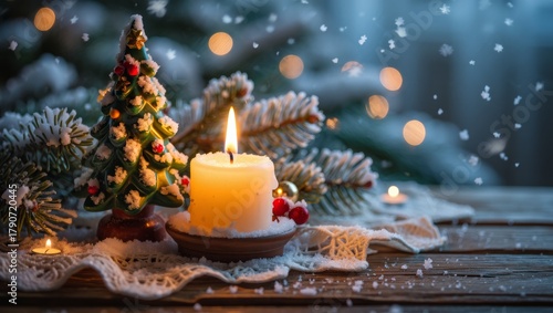 Christmas candle burning on a wooden table with miniature tree decoration, fresh snow covering fir branches and a crocheted doily, creating a cozy winter holiday atmosphere with bokeh lights
