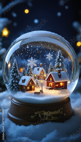 A miniature village glowing with Christmas lights, sparkling snow swirling inside a magical snow globe floating in the air.