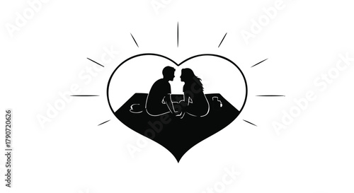 Silhouette of a couple sharing a romantic moment inside a glowing heart shape, symbolizing love and connection.