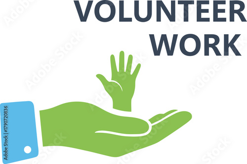 Helping hand offers support and opportunity to a smaller hand, symbolizing community aid and volunteer work.