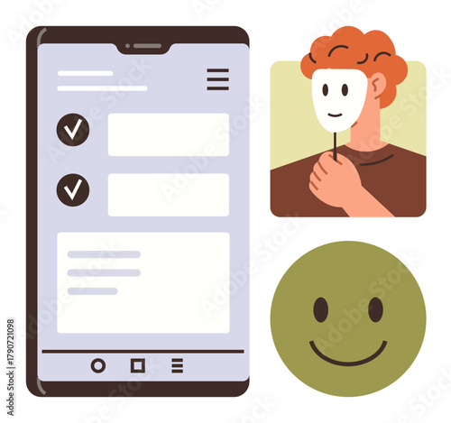 Smartphone checklist interface, person holding a mask symbolizing hidden identity, and a happy face signifying emotion or feedback. Ideal for privacy, identity, feedback, social media, mental health
