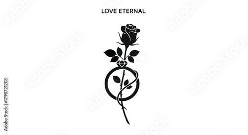 Timeless romance symbolized by a delicate rose intertwined with a ring