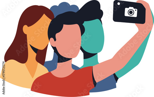 Friends capture a happy selfie moment together, smiling for the camera outdoors.