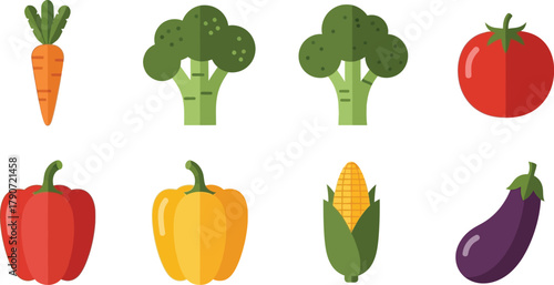 Vibrant flat illustration of fresh vegetables arranged on a white background.
