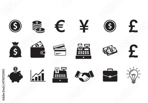 Set of Flat Business Icons, money signs - stock vector Sharp and minimal vector design