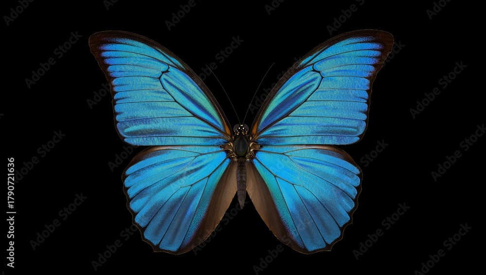Fototapeta premium Blue morpho butterfly with iridescent, luminous blue wings and detailed veins against a solid black background, symbolizing transformation, freedom, and delicate beauty