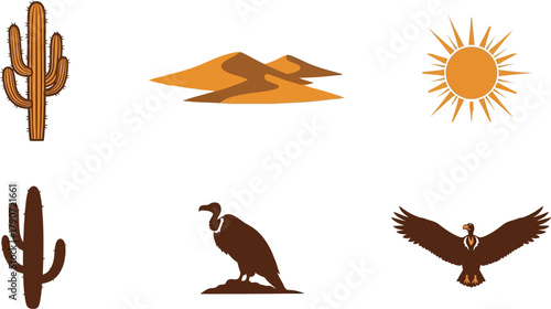 Desert landscape icons featuring cacti, dunes, sun, and vultures.