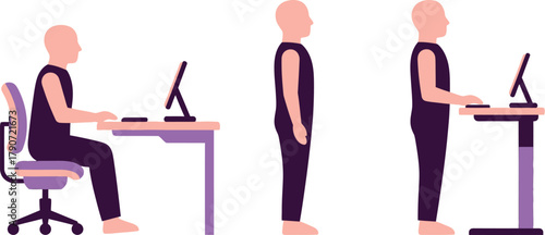 Person demonstrating sitting, standing, and adjustable desk work positions for better posture.