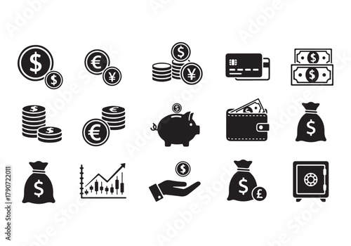 Set of Flat Business Icons, money signs - stock vector Sharp and minimal vector design