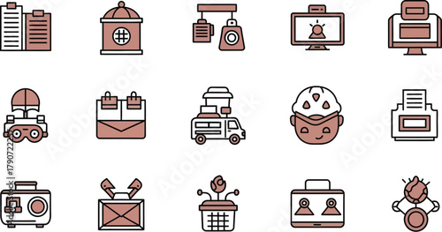 Collection of modern flat icons representing technology, business, and services