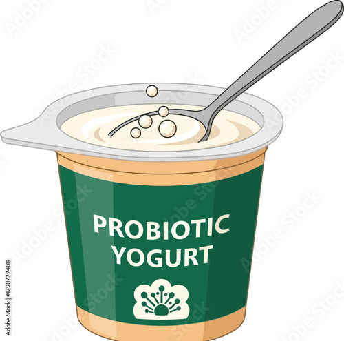 Healthy probiotic yogurt in a convenient single-serving cup with a spoon, ready to eat.