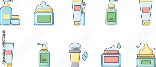 Collection of colorful skincare and cosmetic product icons with clean design