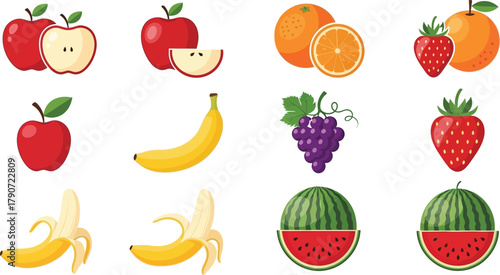 Vibrant assortment of fresh fruits including apples, oranges, strawberries, bananas, grapes, and watermelon.