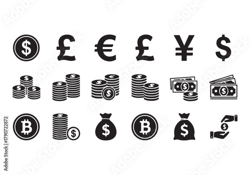 Set of Flat Business Icons, money signs - stock vector Sharp and minimal vector design