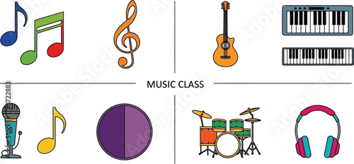 Collection of colorful musical instruments and symbols for a music class.