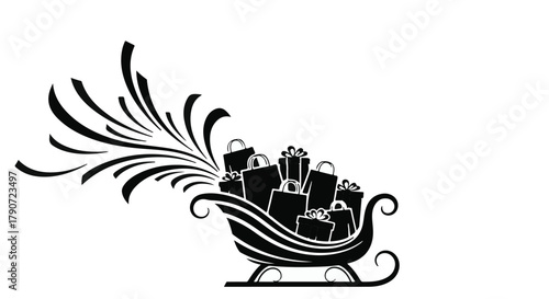 Festive sleigh overflowing with gift bags and presents, speeding through the air with motion trails.