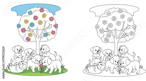Adorable Puppies Playing Under a Blooming Tree - A Cute Coloring Page for Kids and Dog Lovers