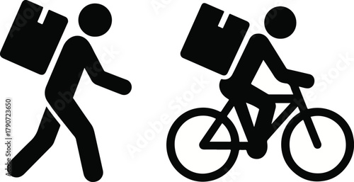 Flat Design Delivery Vector Walking and Cycling Courier Silhouettes on White Background