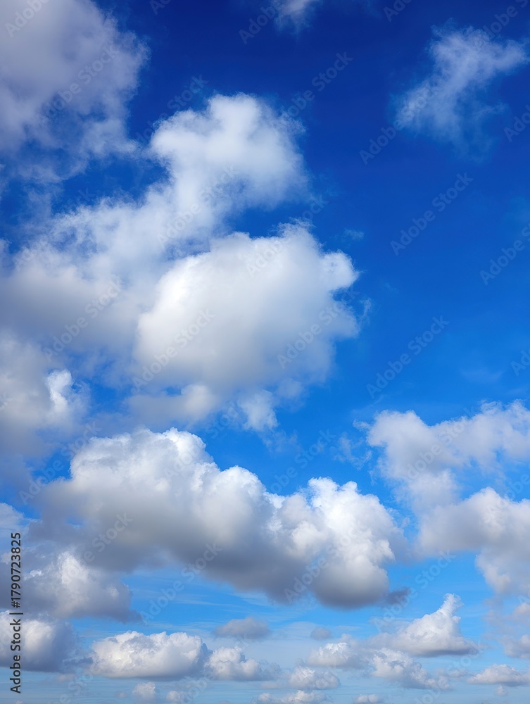 Obraz premium Bright Blue Sky Filled with White Cumulus Clouds on a Sunny Day Overhead View from Ground Level