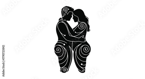 Embracing couple with swirling patterns symbolizing connection and sensuality