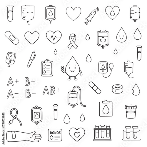 Obraz na plátně Vector illustration of a blood donation icons set featuring medical symbols like blood bags, hearts, and test tubes
