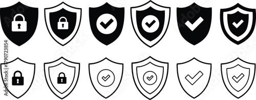 Shield vector collection featuring padlock and tick symbols for secure access approval encryption safety and cyber protection concept illustration design