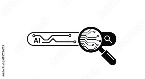 Magnifying glass over AI circuit board within a search bar, symbolizing intelligent search and technology.