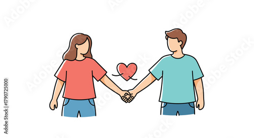A couple holding hands with a heart floating between them.